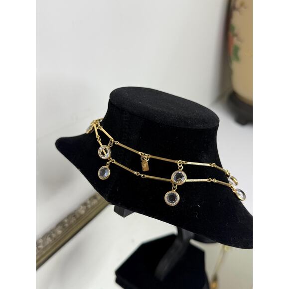 Gold Tone Signed Swarovski Clear Crystal Long Necklace 34”, Bezel Crystal, Facet - Picture 3 of 9